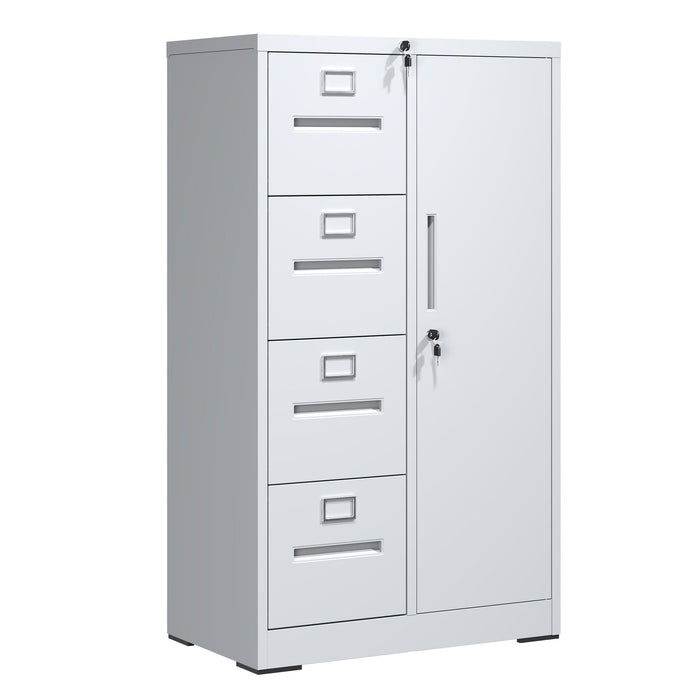 Giga metal vertical filing cabinet with four drawers, one door, steel construction, lock, suitable for school or office storage.