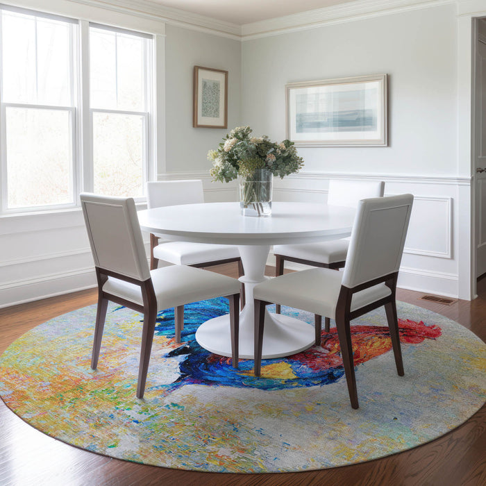 8' Animal Print Washable Round Rug With UV Protection - Blue