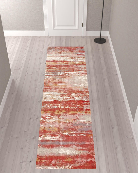 2' x 10' Abstract Hand Loomed Stain Resistant Runner Rug - Pink And Red