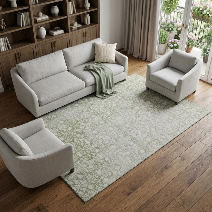 10' X 14' Damask Washable Area Rug With UV Protection (692064) - Artichoke Green / Ivory