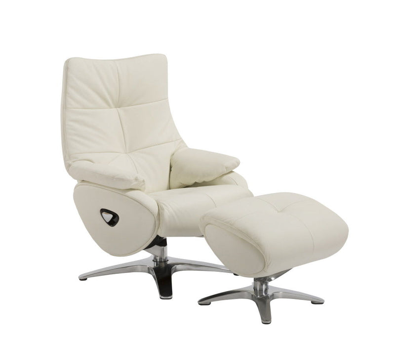 White genuine leather tufted swivel recliner with matching ottoman by HomeRoots, showcasing plush cushioning and classic design.