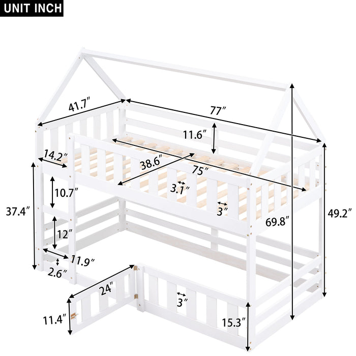 Giga Twin Over Twin House Bunk Bed with safety fence and door, featuring a cozy house design for kids' bedroom.