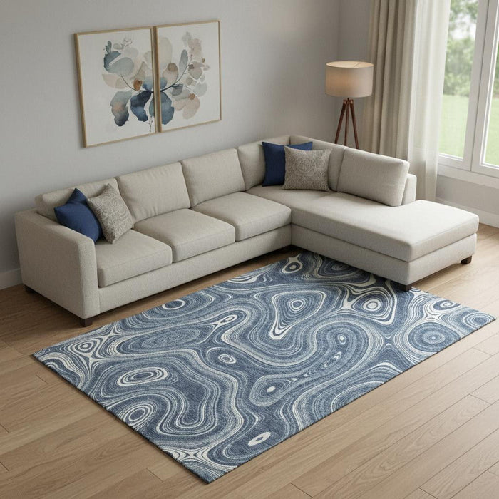 10' X 14' Geometric Washable Area Rug With UV Protection (717717) - Blue / Ivory