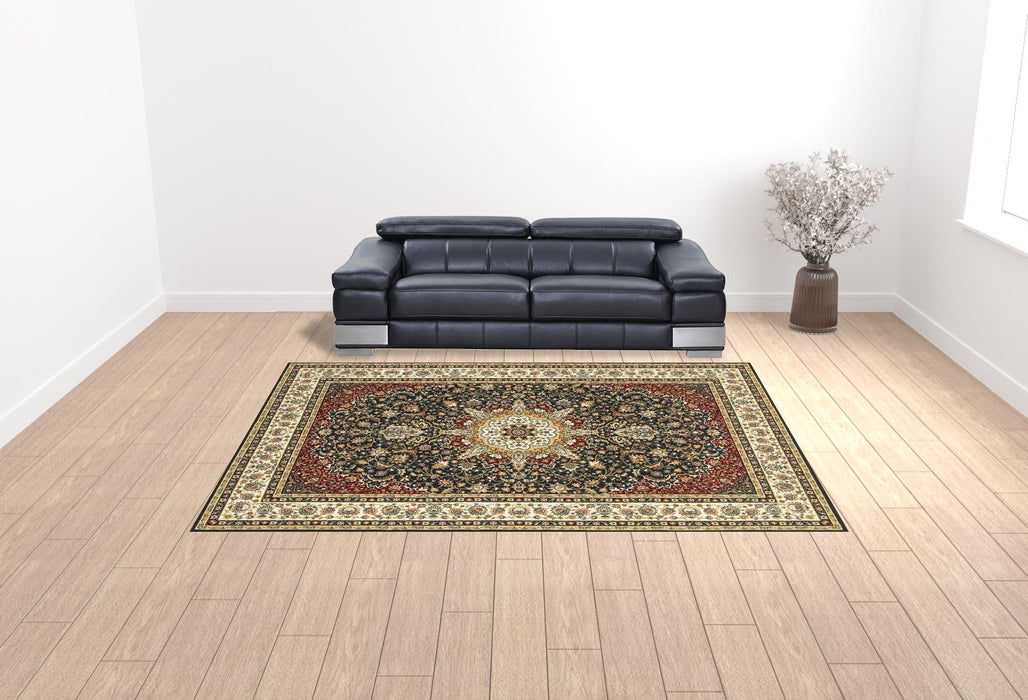 9.8' x 12.8' Oriental Power Loom Stain Resistant Area Rug - Navy And Ivory