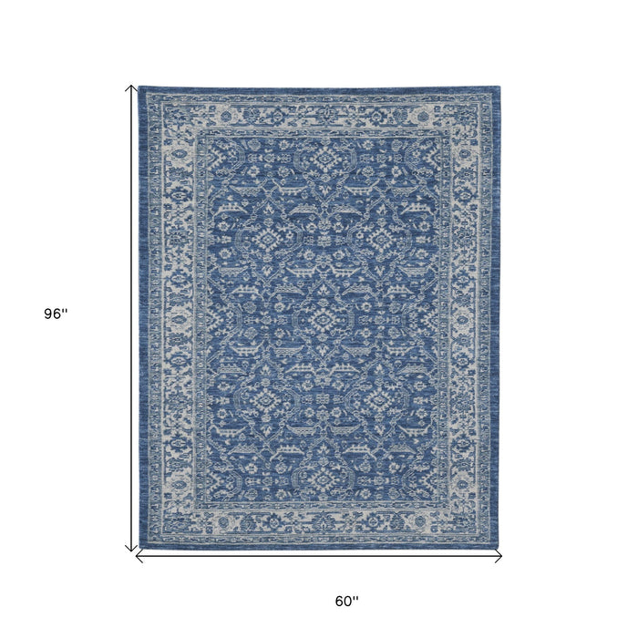 5' X 8' Wool Medallion Hand Woven Area Rug - Denim Blue And Ivory