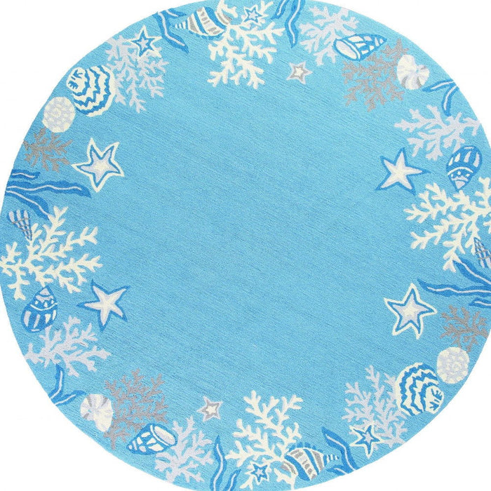 8' Hand Hooked Bordered Coral Reef Round Indoor Area Rug - Sea Blue