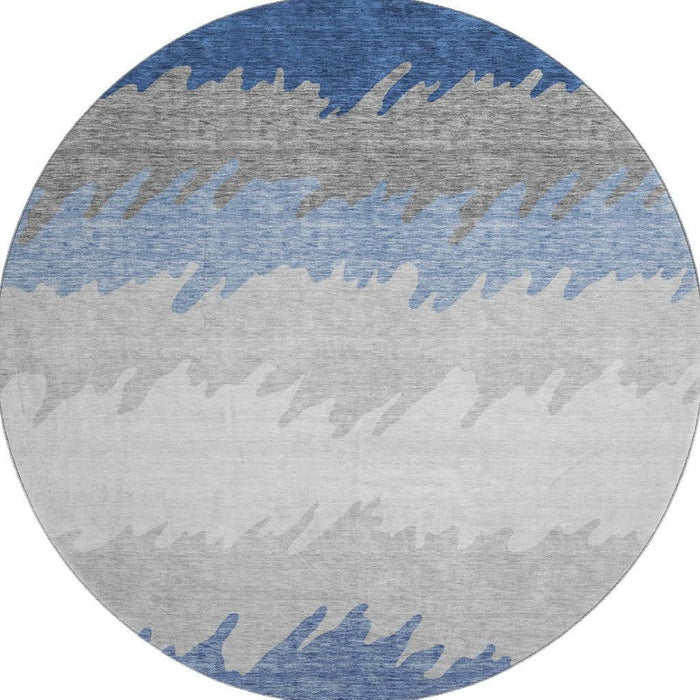 8' Transitional Striped Washable Round Rug With UV Protection - Navy Blue