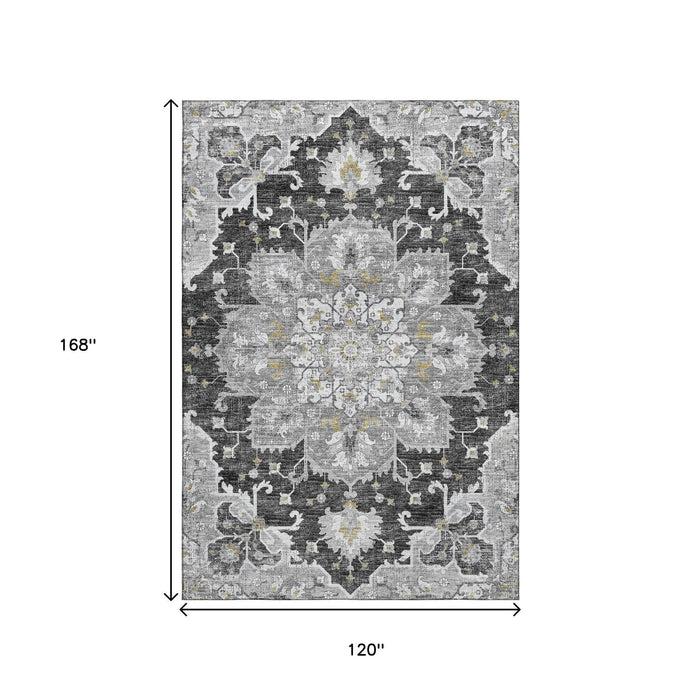 10' X 14' Floral Medallion Distressed Washable Area Rug With UV Protection (644550) - Graphite / Gold / Charcoal
