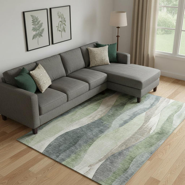 10' X 14' Abstract Washable Area Rug With UV Protection (710274) - Fern Green / Beige / Gray