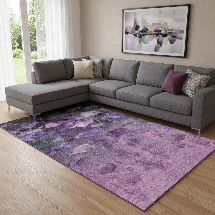 9' X 12' Floral Washable Area Rug With UV Protection (651273) - Purple / Gray / Ivory