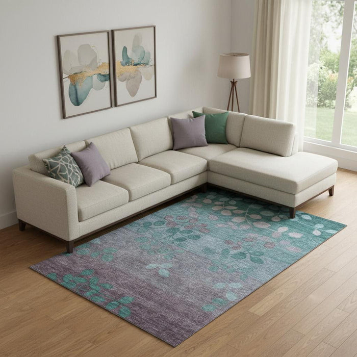 10' X 14' Floral Washable Area Rug With UV Protection (707521) - Teal / Gray