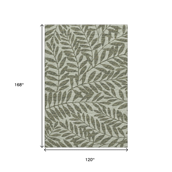 10' X 14' Botanical Leaves Washable Area Rug With UV Protection (644862) - Fern Green / Ivory