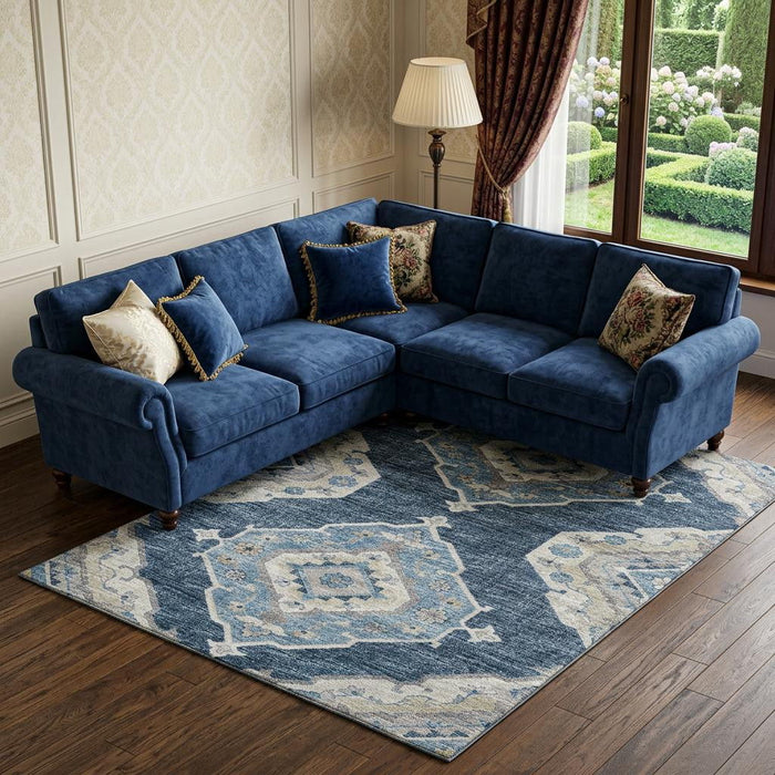 9' X 12' Tribal Distressed Washable Area Rug With UV Protection (644197) - Blue / Ivory
