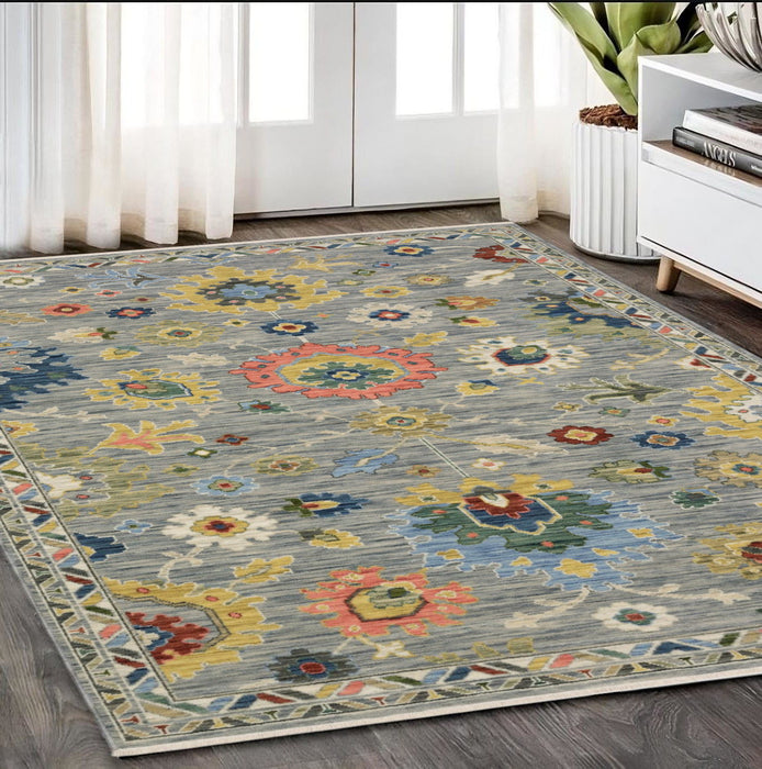 5' X 8' Oriental Area Rug With Fringe - Gray And Salmon