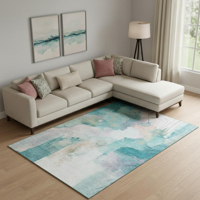 10' X 14' Abstract Washable Area Rug With UV Protection (714799) - Turquoise / Ivory