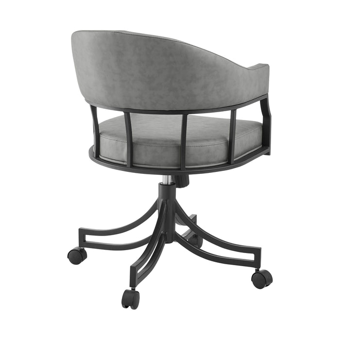 Upholstered Faux Leather Open Back Dining Arm Chair With Wheels - Gray