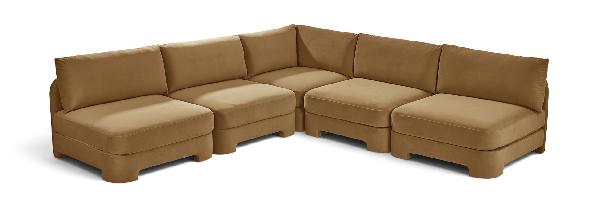 Velvet performance fabric upholstered 5-piece armless sectional sofa by Meridian Furniture, stationary living room seating.