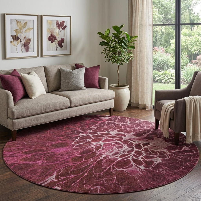 8' Abstract Washable Round Rug With UV Protection (654569) - Merlot / Silver
