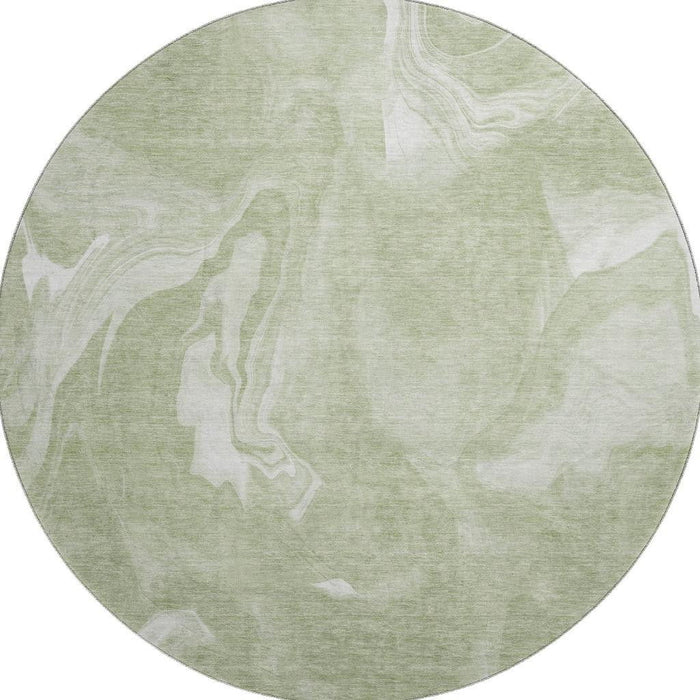 8' Abstract Washable Round Rug Polyester With UV Protection - Artichoke Green And Ivory