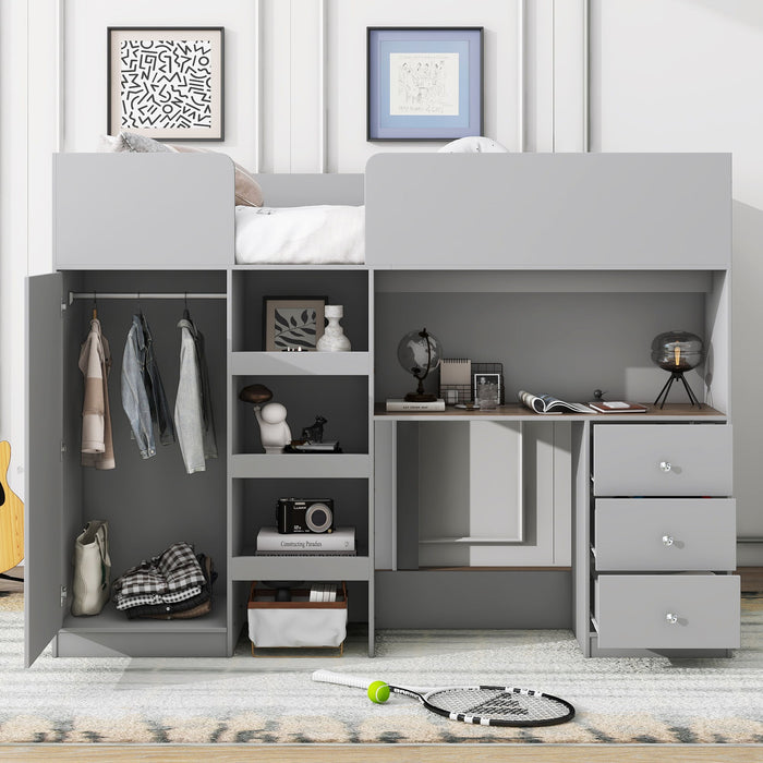 Giga loft bed with built-in wardrobe, desk, shelves, and drawers, featuring a sturdy wooden frame and space-saving design.