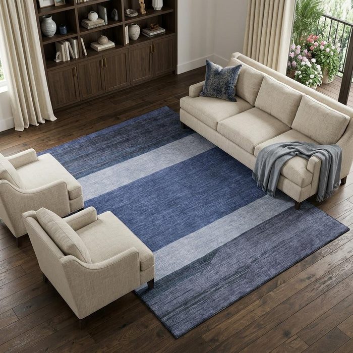 10' X 14' Striped Washable Area Rug With UV Protection (695120) - Navy Blue / Ivory / Gray