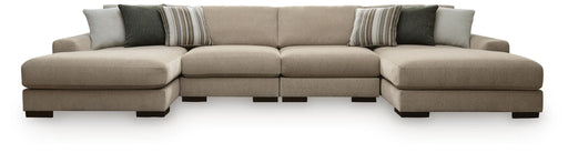 Benchcraft Linenhause 4-Piece Double Chaise Sectional in Dune fabric, showcasing a modern stationary sectional with multiple seating areas.