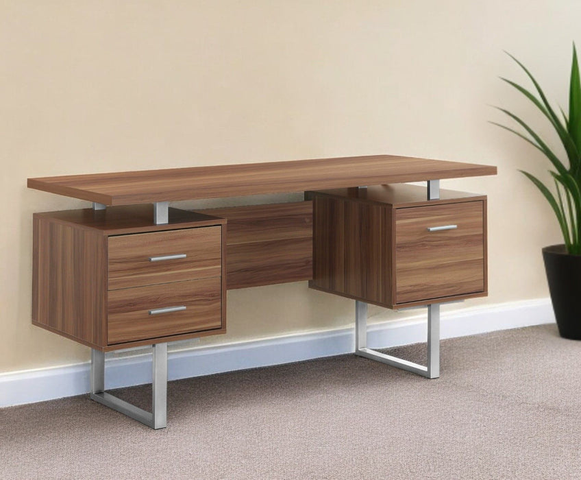 Computer Desk With Three Drawers - Brown And Silver