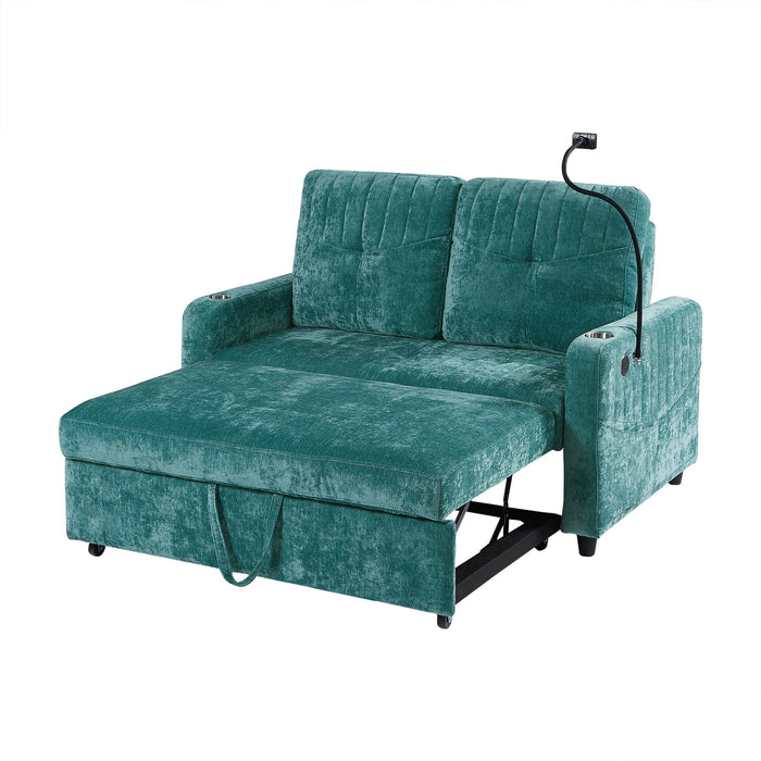 Giga modern loveseat pull-out sofa bed with adjustable backrest, two cup holders, phone holder, three charging ports, and side storage.