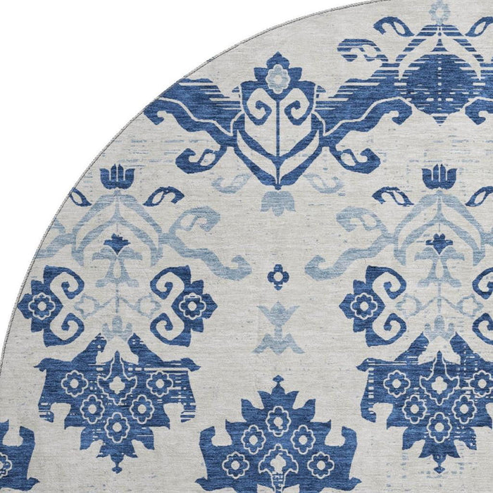 8' Medallion Washable Round Rug With UV Protection - Navy Blue And Ivory