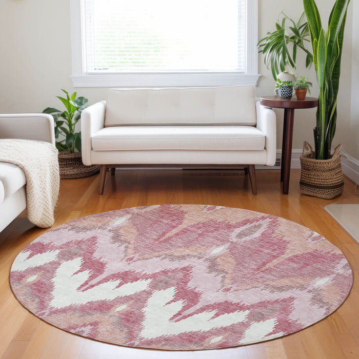 8' Ikat Washable Round Rug With UV Protection - Blush