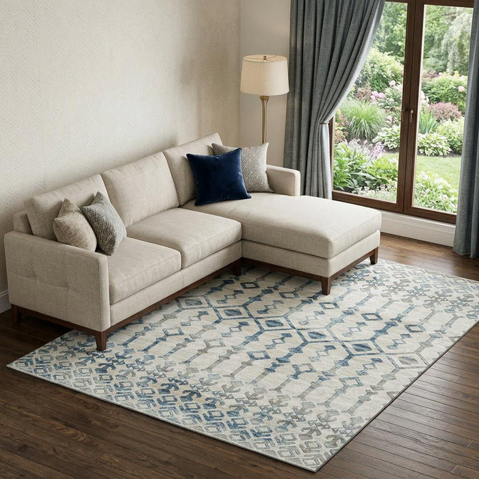 8' X 10' Tribal Washable Area Rug With UV Protection (644142) - Ivory / Blue