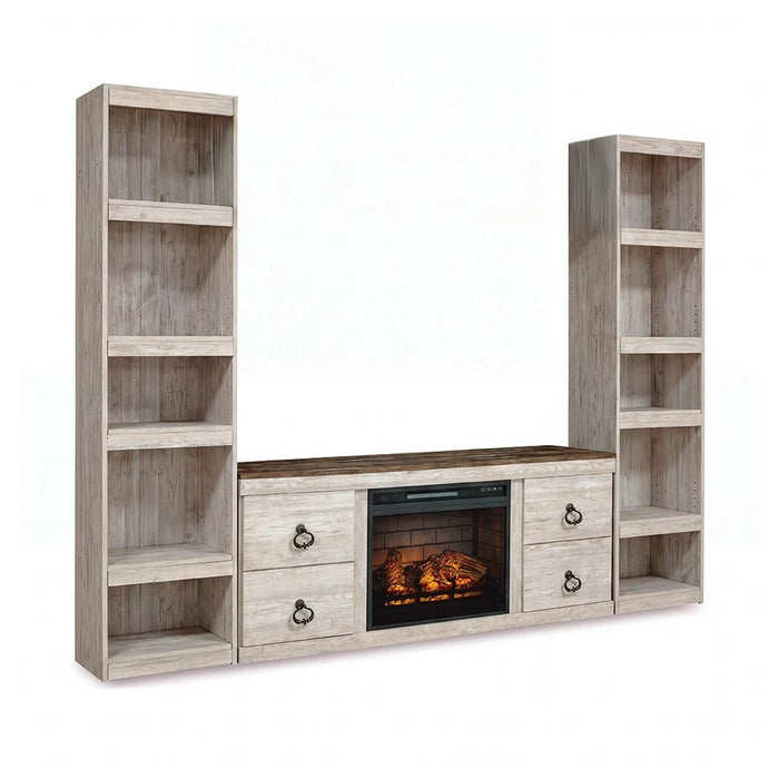 Signature Design by Ashley Willowton entertainment center with built-in fireplace, showcasing a modern wood finish and spacious storage.