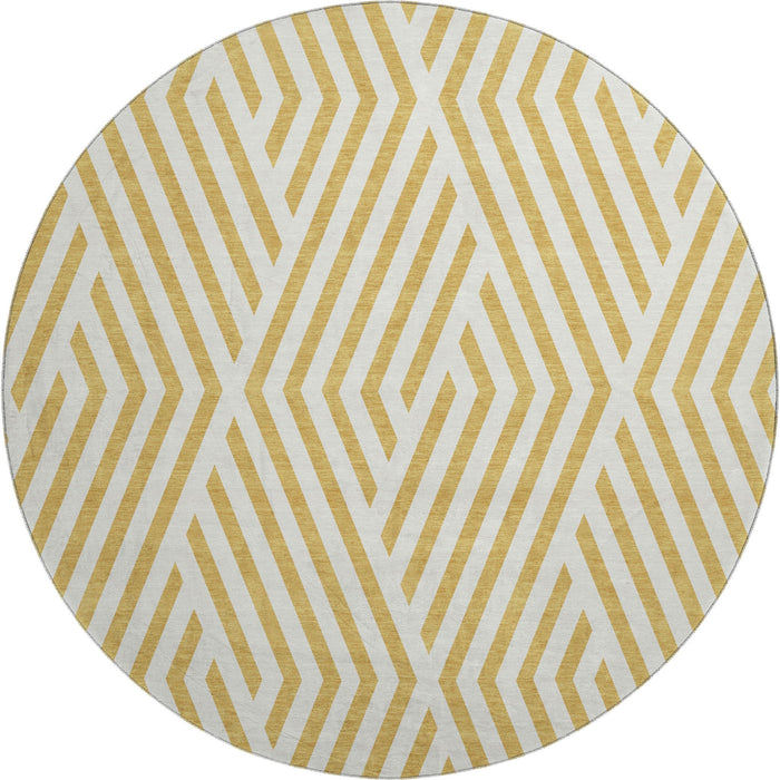 8' Geometric Washable Round Rug With UV Protection (648535) - Gold / Ivory