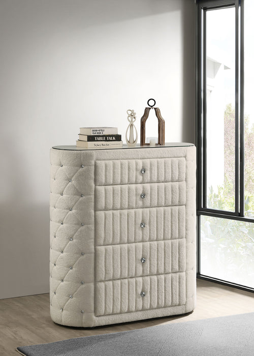 Ivory upholstered Sonya 5-drawer bedroom chest of drawers by CoasterEveryday, showing the sleek design and fabric finish.
