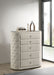 Ivory upholstered Sonya 5-drawer bedroom chest of drawers by CoasterEveryday, showing the sleek design and fabric finish.