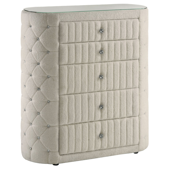 Ivory upholstered bedroom chest of drawers with five drawers, modern furniture by CoasterEveryday.