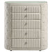 Ivory Sonya 5-drawer upholstered bedroom chest of drawers by CoasterEveryday, showcasing sleek fabric upholstery and spacious storage