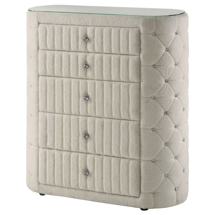 Ivory Sonya 5-drawer upholstered bedroom chest of drawers from CoasterEveryday, showing its soft fabric finish and sleek design.