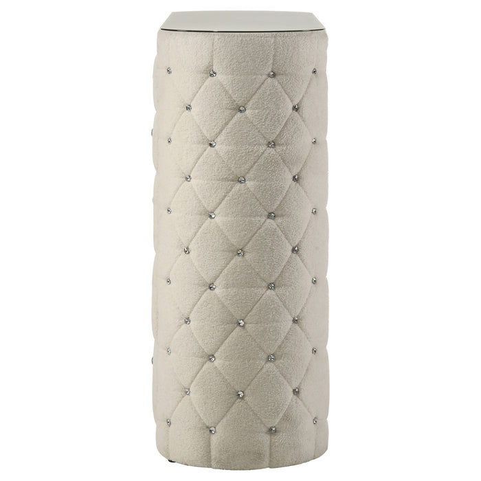 Ivory Sonya 5-drawer upholstered bedroom chest of drawers by CoasterEveryday, featuring sleek design and soft fabric upholstery.
