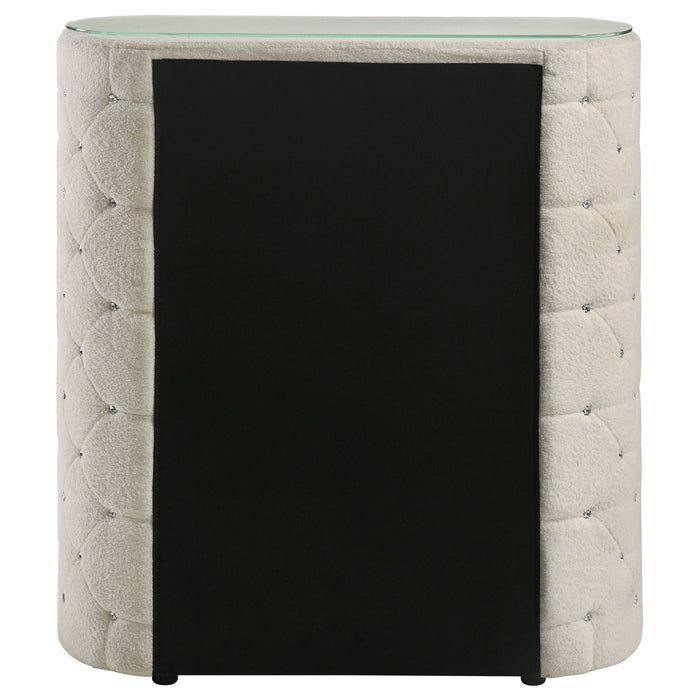 Ivory Sonya 5-drawer upholstered bedroom chest of drawers, CoasterEveryday furniture with plush fabric finish and modern design.