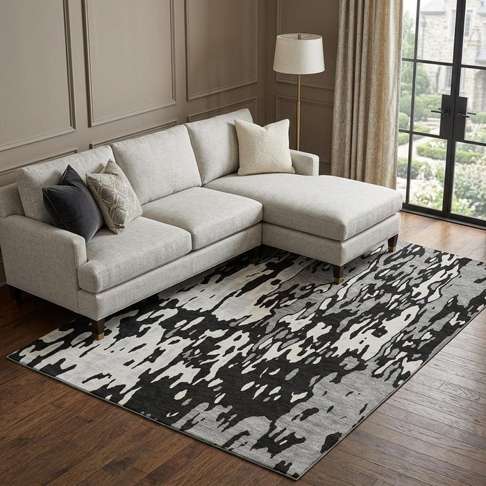 10' X 14' Abstract Washable Area Rug With UV Protection (675828) - Black / Ivory / Gray