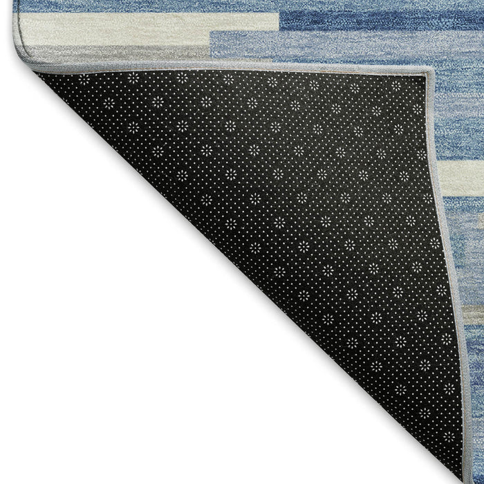 10' X 14' Striped Washable Area Rug With UV Protection (671102) - Sky Blue / Ivory / Gray