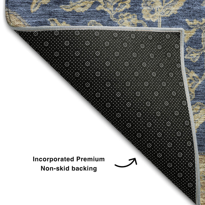 10' X 14' Floral Medallion Washable Area Rug With UV Protection (686909) - Navy Blue / Beige / Gray