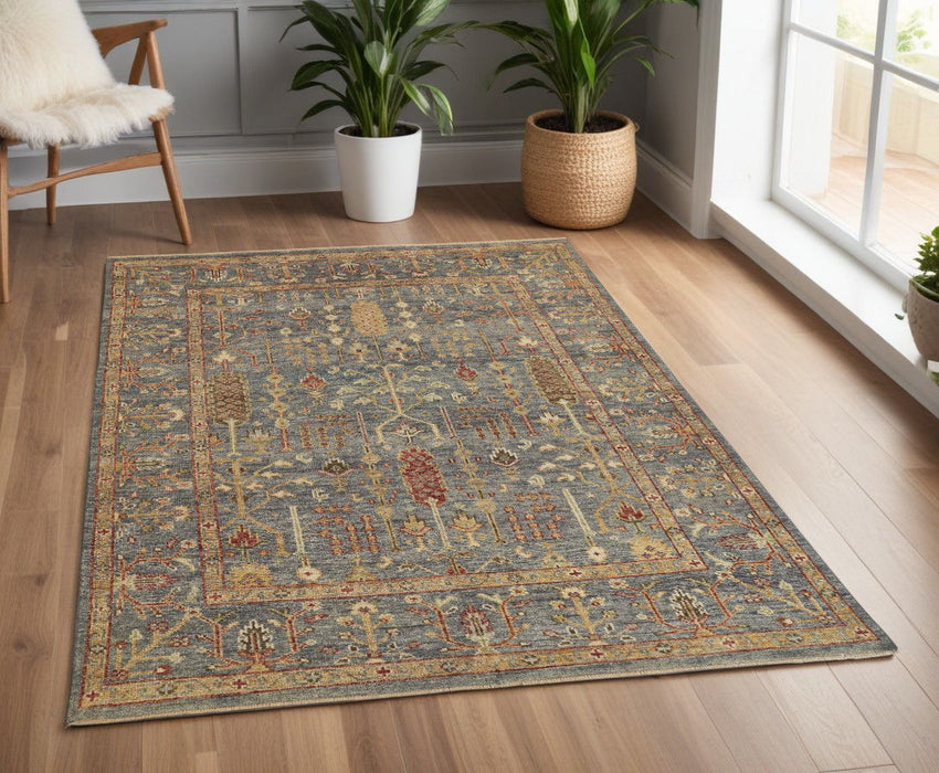 3.5' x 5.5' Wool Floral Hand Knotted Stain Resistant Area Rug With Fringe - Gray Gold And Red