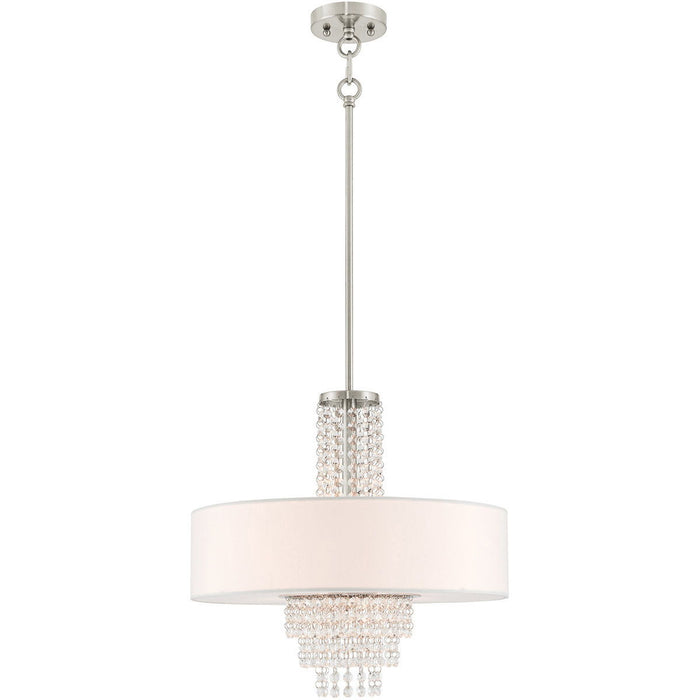 Four-light metal chandelier by HomeRoots with nickel finish, clear and off-white shades, dimmable lighting for modern interiors.