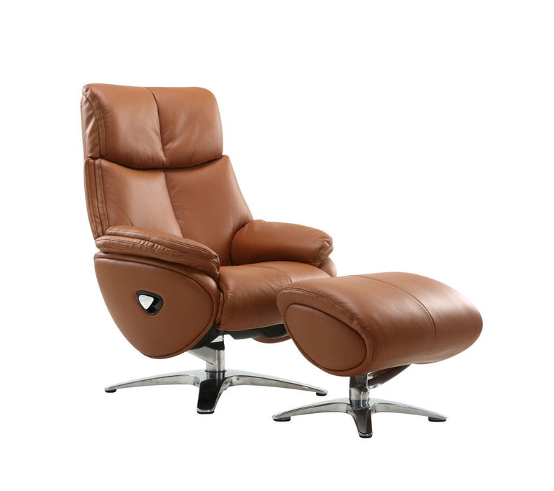 HomeRoots tufted genuine leather swivel recliner with matching ottoman in russet color, featuring plush cushioning and a manual reclining mechanism.
