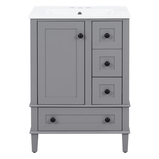 Giga bathroom vanity with integrated basin, soft-close drawers, and door-mounted double shelf, showcasing sleek modern design.