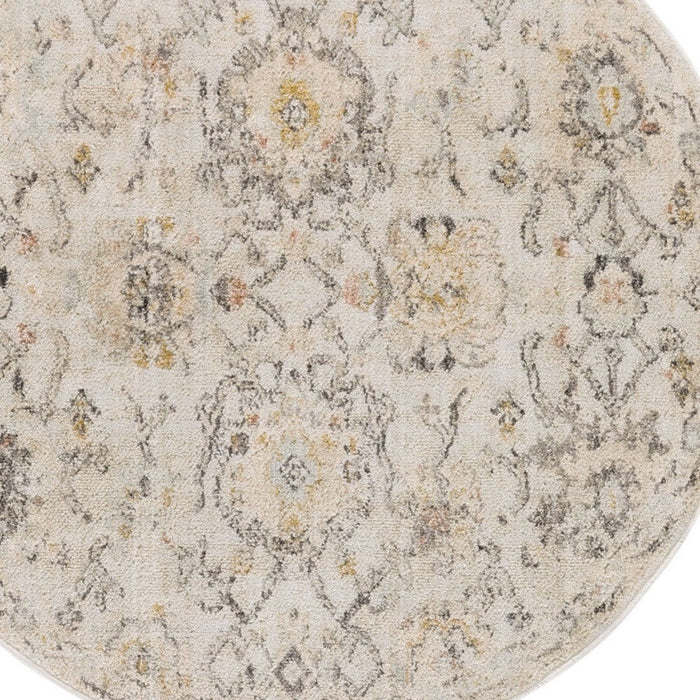 8' Floral Distressed Round Rug (573822) - Gray / Ivory / Yellow