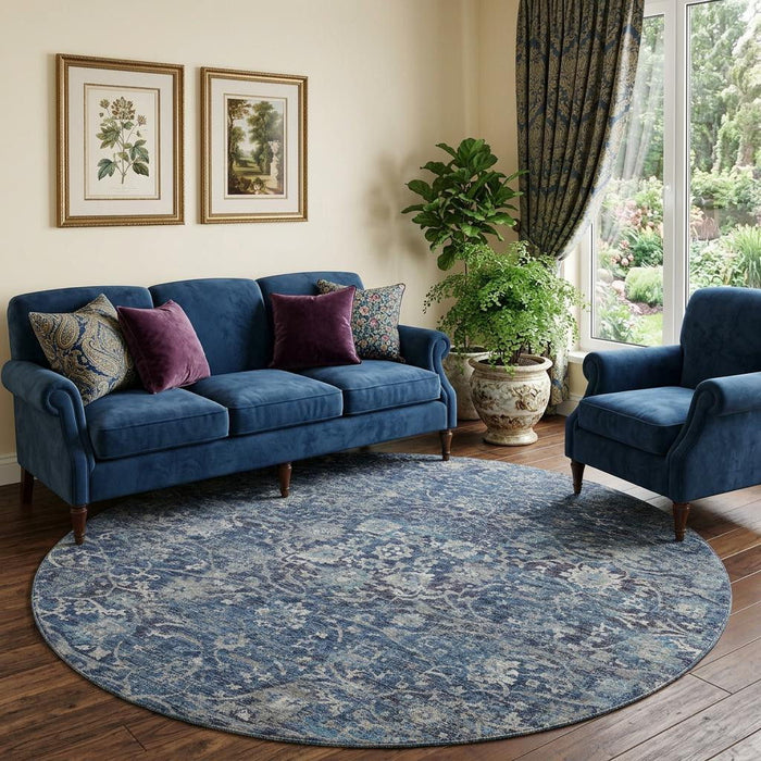 8' Floral Medallion Distressed Washable Round Rug With UV Protection (644219) - Blue / Gray