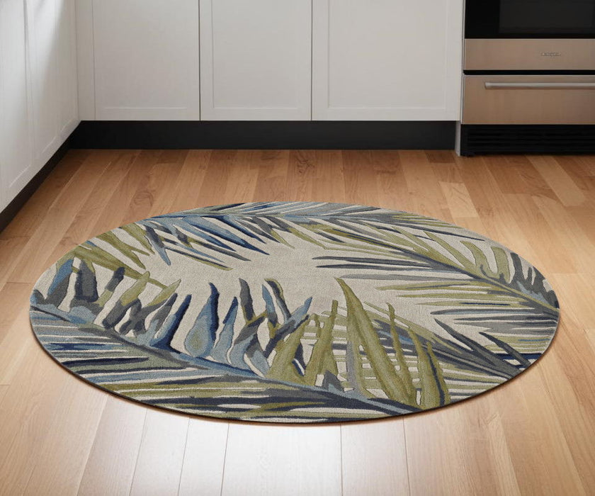 5' Wool Tropical Botanical Hand Tufted Round Rug - Ivory Green And Blue